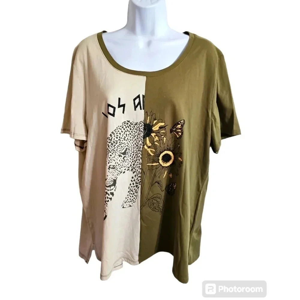 Cato Women’s XL Olive Beige Graphic Tee Leopard Sunflower Boho Y2K Oversized - Picture 2 of 8